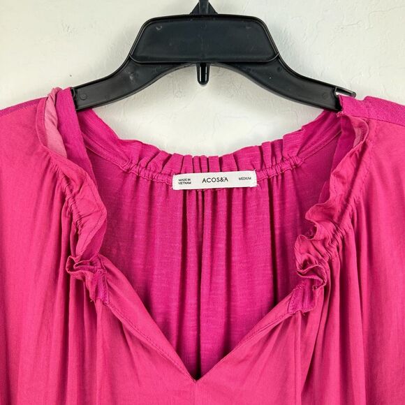 ACOS&A Top Women Medium Pink V-Neck Puff Long Sleeve Peasant Blouse Ruffled Boho - Picture 3 of 10